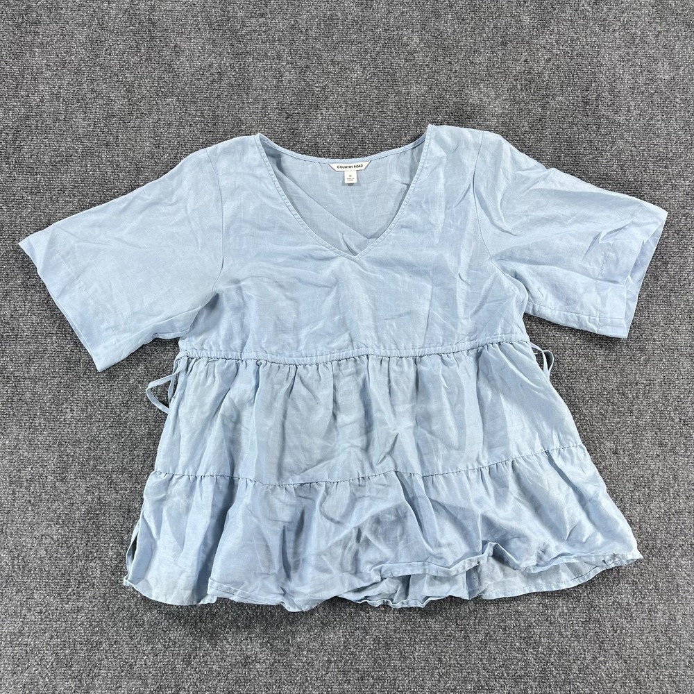 Country Road Shirt Womens‎ 10 Blue Ramie Tiered Ruffle Tunic V Neck Top